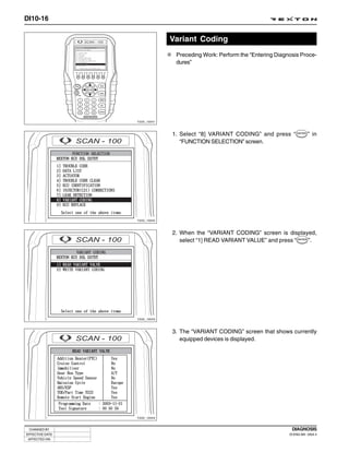 DI10-16


                              Variant Coding
                               Preceding Work: Perform the “Entering Diagnosis Proce-
                               dures”




                 Y220_10041



                              1. Select “8] VARIANT CODING” and press “              ” in
                                 “FUNCTION SELECTION” screen.




                 Y220_10042



                              2. When the “VARIANT CODING” screen is displayed,
                                 select “1] READ VARIANT VALUE” and press “ ”.




                 Y220_10043



                              3. The “VARIANT CODING” screen that shows currently
                                 equipped devices is displayed.




                 Y220_10044



 CHANGED BY                                                                DIAGNOSIS
EFFECTIVE DATE                                                            DI ENG SM - 2004.4
 AFFECTED VIN
 