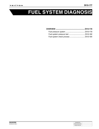 DI10-177



                     FUEL SYSTEM DIAGNOSIS


                          OVERVIEW .............................................................. DI10-178
                             Fuel pressure system ......................................... DI10-179
                             Fuel system pressure test .................................. DI10-182
                             Fuel system check process ................................ DI10-184




DIAGNOSIS                                                                  CHANGED BY
DI ENG SM - 2004.4                                                        EFFECTIVE DATE
                                                                           AFFECTED VIN
 