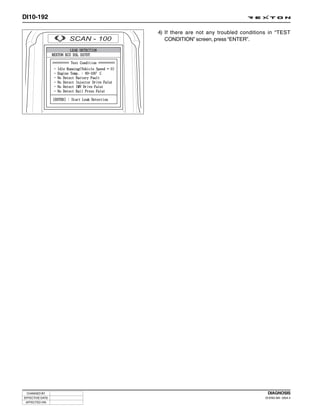 DI10-192

                 4) If there are not any troubled conditions in “TEST
                    CONDITION” screen, press “ENTER”.




 CHANGED BY                                                 DIAGNOSIS
EFFECTIVE DATE                                             DI ENG SM - 2004.4
 AFFECTED VIN
 