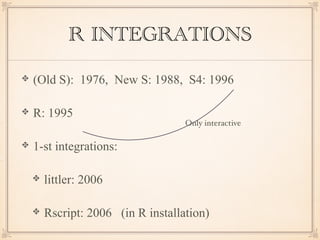 R INTEGRATIONS
(Old S): 1976, New S: 1988, S4: 1996
R: 1995
1-st integrations:
littler: 2006
Rscript: 2006 (in R installation)
Only interactive
 