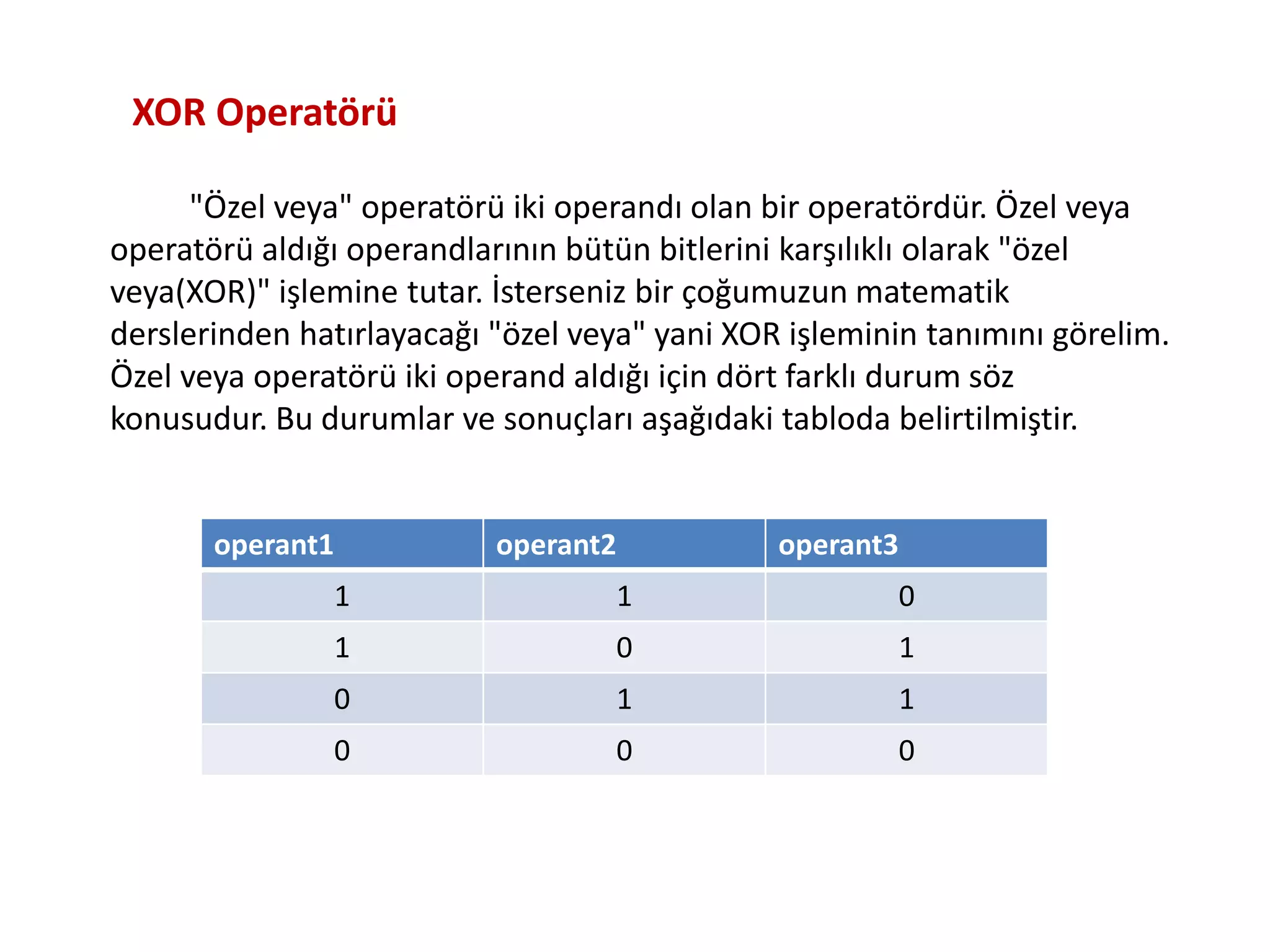 XOR Operatörü
"Özel veya" operatörü iki operandı olan bir operatördür. Özel veya
operatörü aldığı operandlarının bütün bitlerini karşılıklı olarak "özel
veya(XOR)" işlemine tutar. İsterseniz bir çoğumuzun matematik
derslerinden hatırlayacağı "özel veya" yani XOR işleminin tanımını görelim.
Özel veya operatörü iki operand aldığı için dört farklı durum söz
konusudur. Bu durumlar ve sonuçları aşağıdaki tabloda belirtilmiştir.
operant1 operant2 operant3
1 1 0
1 0 1
0 1 1
0 0 0
 