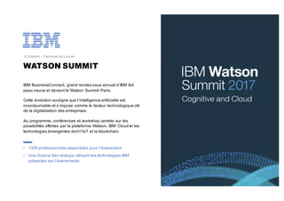 IBM BusinessConnect, grand rendez-vous annuel d’IBM fait
peau neuve et devient le Watson Summit Paris.
Cette évolution souligne que l’intelligence artificielle est
incontournable et s’impose comme le facteur technologique clé
de la digitalisation des entreprises.
Au programme, conférences et workshop centrés sur les
possibilités offertes par la plateforme Watson, IBM Cloud et les
technologies émergentes dont l’IoT et la blockchain.
10 octobre – Carrousel du Louvre
WATSON SUMMIT
• 1500 professionnels rassemblés pour l’évènement
• Une dizaine des stratups utilisant les technologies IBM
présentes sur l’évènements
 