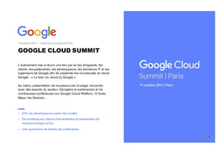 L’événement vise à réunir une fois par an les dirigeants, les
clients, les partenaires, les développeurs, les décideurs IT et les
ingénieurs de Google afin de présenter les nouveautés du cloud
Google : « Le futur du cloud by Google »
Au menu, présentation de nouveaux cas d’usage, rencontre
avec des experts du secteur (Googlers et partenaires) et de
nombreuses conférences sur Google Cloud Platform, G Suite,
Maps, les Devices...
19 octobre 2017 – Palais des congrès de Paris
GOOGLE CLOUD SUMMIT
• 65% de développeurs parmi les invités
• De nombreuses démos live testables et présentées de
manière ludique et fun
• Une quinzaine de stands de partenaires
 