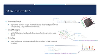DATA STRUCTURES
 Primitive/Shape
 represents analytic shape (mathematically described geometrical
surface using UV parameters or similar)
 Grid/Microgrid
 grid of (displaced and shaded) vertices after the primitive was
diced
 A-buffer
 pixel buffer that holds per-sample list of values for each sample
location
struct Vertex
{
RGBA color;
Vector3 position;
}
typedef Vertex[GRID_WIDTH][GRID_HEIGHT] Grid;
struct PixelSample
{
RGBA color;
float depth; // z-coord
PixelSample* pNext;
}
typedef PixelSample[RES_X][RES_Y][SAMPLES_PER_PIXEL] ABuffer;
class Shape
{
virtual Vector3 getNormal(UV coord);
virtual Vector3 getPosition(UV coord);
}
 
