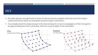 DICE
 this step requires microgrid with an array of vertices that are sampled uniformly across the shape’s
surface and whose values are evaluated using the shape’s information
 if we already diced the shape enough in the bound phase for virtual micropolygons of the microgrid to
be approximately less than a pixel area, then we can go straight to the next phase
Dice
(evaluate vertices in the grid)
Displace
(run “vertex shader”)
 
