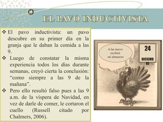  El pavo inductivista: un pavo
descubre en su primer día en la
granja que le daban la comida a las
9.
 Luego de constatar la misma
experiencia todos los días durante
semanas, creyó cierta la conclusión:
“como siempre a las 9 de la
mañana”.
 Pero ello resultó falso pues a las 9
a.m. de la víspera de Navidad, en
vez de darle de comer, le cortaron el
cuello (Russell citado por
Chalmers, 2006).
24
DICIEMB
RE
A las nueve
recibiré
mi almuerzo
 