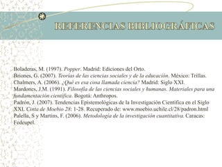 Boladeras, M. (1997). Popper. Madrid: Ediciones del Orto.
Briones, G. (2007). Teorías de las ciencias sociales y de la educación. México: Trillas.
Chalmers, A. (2006). ¿Qué es esa cosa llamada ciencia? Madrid: Siglo XXI.
Mardones, J.M. (1991). Filosofía de las ciencias sociales y humanas. Materiales para una
fundamentación científica. Bogotá: Anthropos.
Padrón, J. (2007). Tendencias Epistemológicas de la Investigación Científica en el Siglo
XXI. Cinta de Moebio 28: 1-28. Recuperado de: www.moebio.uchile.cl/28/padron.html
Palella, S y Martins, F. (2006). Metodología de la investigación cuantitativa. Caracas:
Fedeupel.
 
