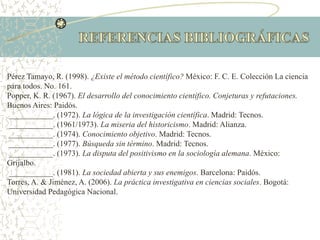 Pérez Tamayo, R. (1998). ¿Existe el método científico? México: F. C. E. Colección La ciencia
para todos. No. 161.
Popper, K. R. (1967). El desarrollo del conocimiento científico. Conjeturas y refutaciones.
Buenos Aires: Paidós.
___________. (1972). La lógica de la investigación científica. Madrid: Tecnos.
___________. (1961/1973). La miseria del historicismo. Madrid: Alianza.
___________. (1974). Conocimiento objetivo. Madrid: Tecnos.
___________. (1977). Búsqueda sin término. Madrid: Tecnos.
___________. (1973). La disputa del positivismo en la sociología alemana. México:
Grijalbo.
___________. (1981). La sociedad abierta y sus enemigos. Barcelona: Paidós.
Torres, A. & Jiménez, A. (2006). La práctica investigativa en ciencias sociales. Bogotá:
Universidad Pedagógica Nacional.
 