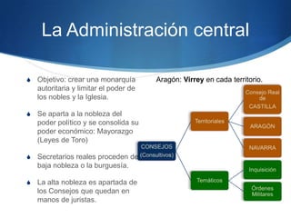La Administración central
S Objetivo: crear una monarquía
autoritaria y limitar el poder de
los nobles y la Iglesia.
S Se aparta a la nobleza del
poder político y se consolida su
poder económico: Mayorazgo
(Leyes de Toro)
S Secretarios reales proceden de
baja nobleza o la burguesía.
S La alta nobleza es apartada de
los Consejos que quedan en
manos de juristas.
Aragón: Virrey en cada territorio.
 