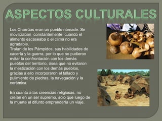 Los Charrúas eran un pueblo nómade. Se
movilizaban constantemente cuando el
alimento escaseaba o el clima no era
agradable.
Traían de los Pámpidos, sus habilidades de
cacería y la guerra, por lo que no pudieron
evitar la confrontación con los demás
pueblos del territorio, ósea que no evitaron
la mestización con los demás pueblos,
gracias a ello incorporaron el tallado y
pulimiento de piedras, la navegación y la
cerámica.
En cuanto a las creencias religiosas, no
creían en un ser supremo, solo que luego de
la muerte el difunto emprendería un viaje.
 