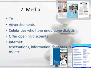 7. MediaTVAdvertisementsCelebrities who have undergone dialysisOffer opening discountsInternet: reservations, information, feedback, suggestions, etc.