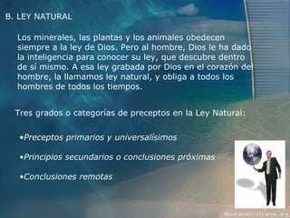 B. LEY NATURAL Los minerales, las plantas y los animales obedecen siempre a la ley de Dios. Pero al hombre, Dios le ha dado la inteligencia para conocer su ley, que descubre dentro de sí mismo. A esa ley grabada por Dios en el corazón del hombre, la llamamos ley natural, y obliga a todos los hombres de todos los tiempos.  Tres grados o categorías de preceptos en la Ley Natural:  Preceptos primarios y universalísimos Principios secundarios o conclusiones próximas Conclusiones remotas 