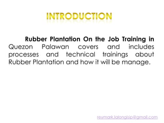 Rubber Plantation On the Job Training in
Quezon Palawan covers and includes
processes and technical trainings about
Rubber Plantation and how it will be manage.
reymark.lalongisip@gmail.com
 