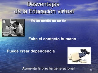 Desventajas  de la Educación virtual Es un medio no un fin Falta el contacto humano Puede crear dependencia   Aumenta la brecha generacional   