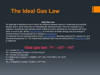 The Ideal Gas Law
Ideal Gas Law
An ideal gas is defined as one in which all collisions between atoms or molecules are perfectly
eleastic and in which there are no intermolecular attractive forces. One can visualize it as a
collection of perfectly hard spheres which collide but which otherwise do not interact with each
other. In such a gas, all the internal energy is in the form of kinetic energy and any change in
internal energy is accompanied by a change in temperature.
An ideal gas can be characterized by three state variables: absolute pressure (P), volume (V), and
absolute temperature (T). The relationship between them may be deduced from kinetic theory and
is called the
•n = number of moles
•R = universal gas constant = 8.3145 J/mol K
•N = number of molecules
•k = Boltzmann constant = 1.38066 x 10-23 J/K = 8.617385 x 10-5 eV/K
•k = R/NA
•NA = Avogadro's number = 6.0221 x 1023 /mol
 