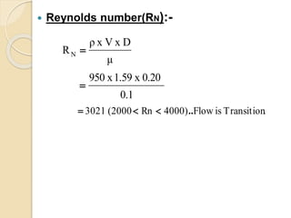  Reynolds number(RN):-
.TransitionisFlow4000)Rn(20003021
0.1
0.20x1.59x950
μ
DxVxρ
RN
..


 