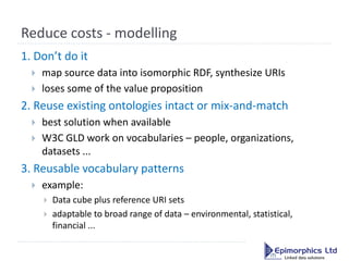 Reduce costs - modelling
1. Don’t do it
     map source data into isomorphic RDF, synthesize URIs
     loses some of the...