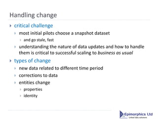 Handling change
   critical challenge
       most initial pilots choose a snapshot dataset
           and go stale, fas...