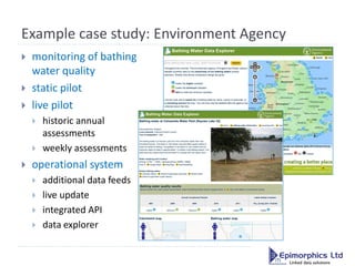 Example case study: Environment Agency
   monitoring of bathing
    water quality
   static pilot
   live pilot
      ...