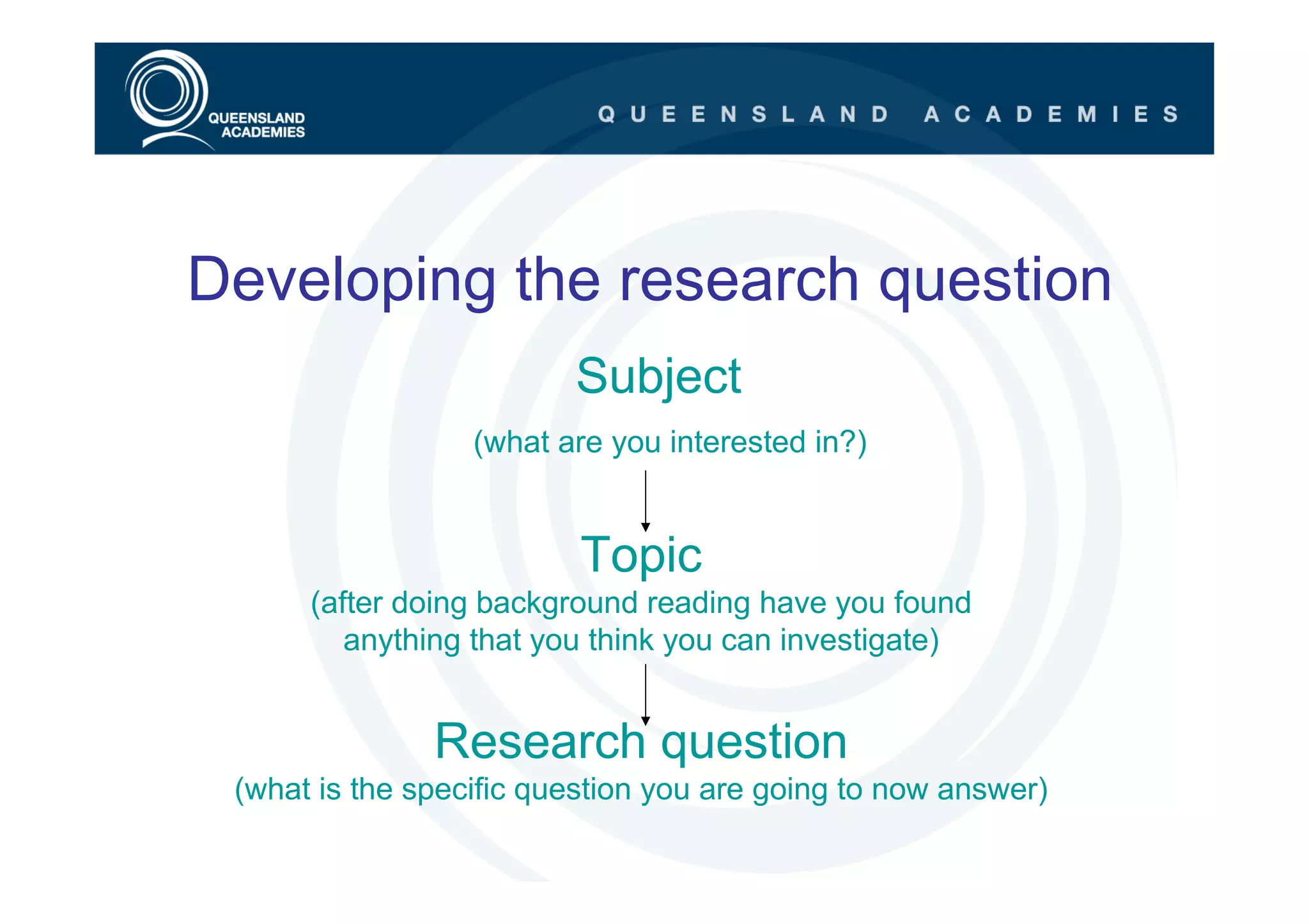 Developing the research question
                         Subject
                  (what are you interested in?)


                          Topic
      (after doing background reading have you found
         anything that you think you can investigate)


               Research question
 (what is the specific question you are going to now answer)
 