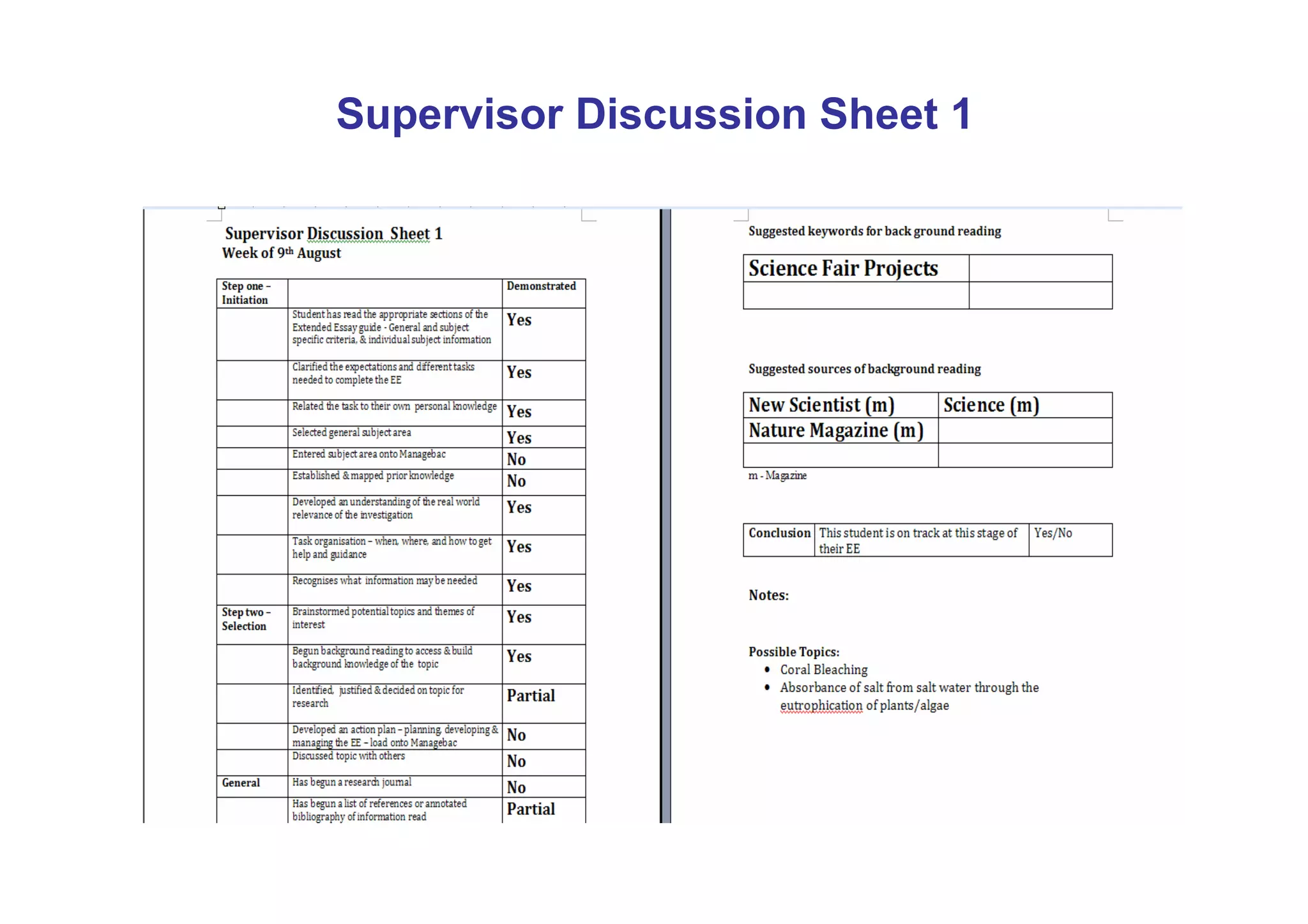 Supervisor Discussion Sheet 1
 