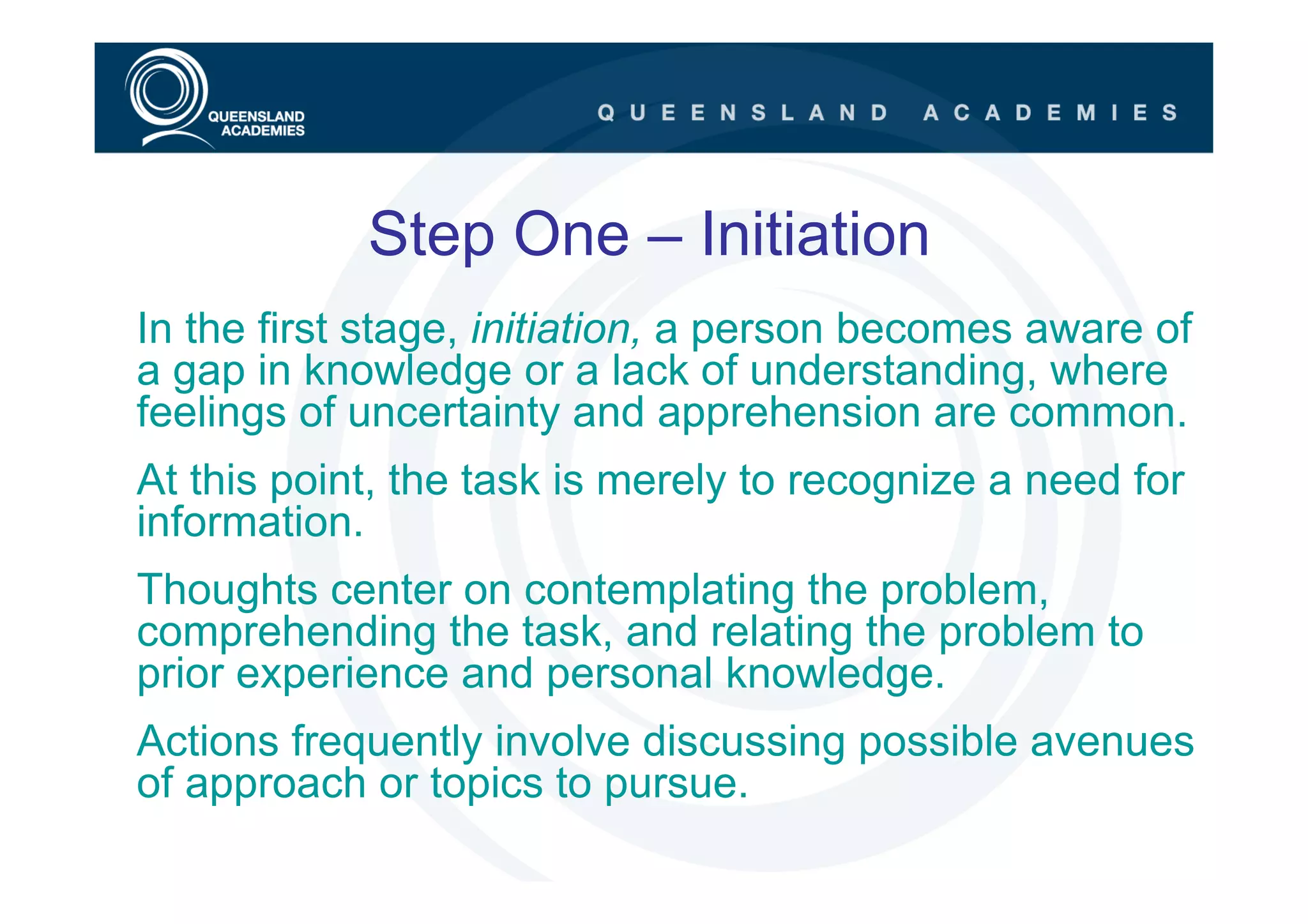 Step One – Initiation
In the first stage, initiation, a person becomes aware of
a gap in knowledge or a lack of understanding, where
feelings of uncertainty and apprehension are common.
At this point, the task is merely to recognize a need for
information.
Thoughts center on contemplating the problem,
comprehending the task, and relating the problem to
prior experience and personal knowledge.
Actions frequently involve discussing possible avenues
of approach or topics to pursue.
 