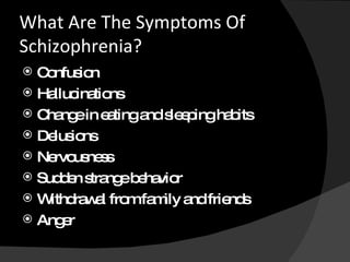 What Are The Symptoms Of Schizophrenia? Confusion Hallucinations Change in eating and sleeping habits Delusions Nervousness Sudden strange behavior Withdrawal from family and friends Anger 