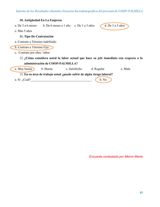 Informe de los Resultados obtenidos Encuesta Sociodemográfica del personal de COOP-PALMILLA
17
10. Antigüedad En La Empresa
a. De 3 a 6 meses b. De 6 meses a 1 año c. De 1 a 3 años d. De 3 a 5 años
e. Más 5 años
11. Tipo De Contratación
a. Contrato a Término indefinido
b. Contrato a Término Fijo
c. Contrato por obra / labor
12. ¿Cómo considera usted la labor actual que hace su jefe inmediato con respecto a la
administración de COOP-PALMILLA?
a. Muy buena b. Buena c. Satisfecho d. Regular e. Mala
13. En su área de trabajo usted ¿puede sufrir de algún riesgo laboral?
a. Si ¿Cuál?_______________________________________ b. No
Encuesta contestada por Melvin Marte
 