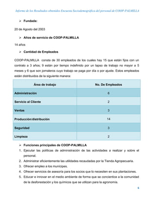 Informe de los Resultados obtenidos Encuesta Sociodemográfica del personal de COOP-PALMILLA
6
 Fundada:
20 de Agosto del 2003
 Años de servicio de COOP-PALMILLA
14 años
 Cantidad de Empleados
COOP-PALMILLA consta de 30 empleados de los cuales hay 15 que están fijos con un
contrato a 3 años; 9 están por tiempo indefinido por un lapso de trabajo no mayor a 5
meses y 6 que son jornaleros cuyo trabajo se paga por día o por ajuste. Estos empleados
están distribuidos de la siguiente manera:
Área de trabajo No. De Empleados
Administración 6
Servicio al Cliente 2
Ventas 3
Produccióndistribución 14
Seguridad 3
Limpieza 2
 Funciones principales de COOP-PALMILLA
1. Ejecutar las políticas de administración de las actividades a realizar y sobre el
personal.
2. Administrar eficientemente las utilidades recaudadas por la Tienda Agropecuaria.
3. Ofrecer empleo a los munícipes.
4. Ofrecer servicios de asesoría para los socios que lo necesiten en sus plantaciones.
5. Educar e innovar en el medio ambiente de forma que se concientice a la comunidad
de la desforestación y los químicos que se utilizan para la agronomía.
 