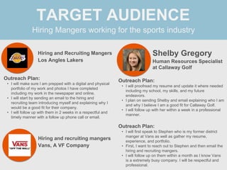 Hiring Mangers working for the sports industry
TARGET AUDIENCE
Hiring and Recruiting Mangers
Outreach Plan:
• I will make ...