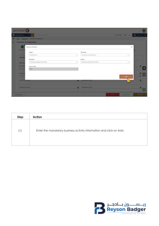 Enter the mandatory business activity information and click on Add.
Action
Step
(1)
 