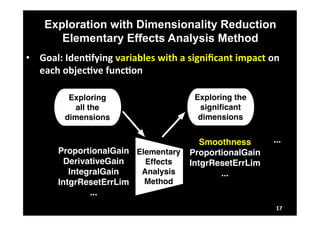 Exploration with Dimensionality Reduction 
Elementary Effects Analysis Method 
• Goal: 
IdenLfying 
variables 
with 
a 
significant 
impact 
on 
each 
objecLve 
funcLon 
17 
Exploring 
all the 
dimensions 
Exploring the 
significant 
dimensions 
ProportionalGain 
DerivativeGain 
IntegralGain 
IntgrResetErrLim 
... 
Smoothness 
ProportionalGain 
IntgrResetErrLim 
... 
Elementary 
Effects 
Analysis 
Method 
... 
 