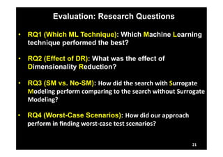 Evaluation: Research Questions 
• RQ1 (Which ML Technique): Which Machine Learning 
technique performed the best? 
21 
• RQ2 (Effect of DR): What was the effect of 
Dimensionality Reduction? 
• RQ3 (SM vs. No-SM): How 
did 
the 
search 
with 
Surrogate 
Modeling 
perform 
comparing 
to 
the 
search 
without 
Surrogate 
Modeling? 
• RQ4 (Worst-Case Scenarios): How 
did 
our 
approach 
perform 
in 
finding 
worst-­‐case 
test 
scenarios? 
 