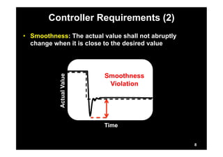 Controller Requirements (2) 
• Smoothness: The actual value shall not abruptly 
change when it is close to the desired value 
Time 
Actual Value 
8 
Smoothness 
Violation 
 