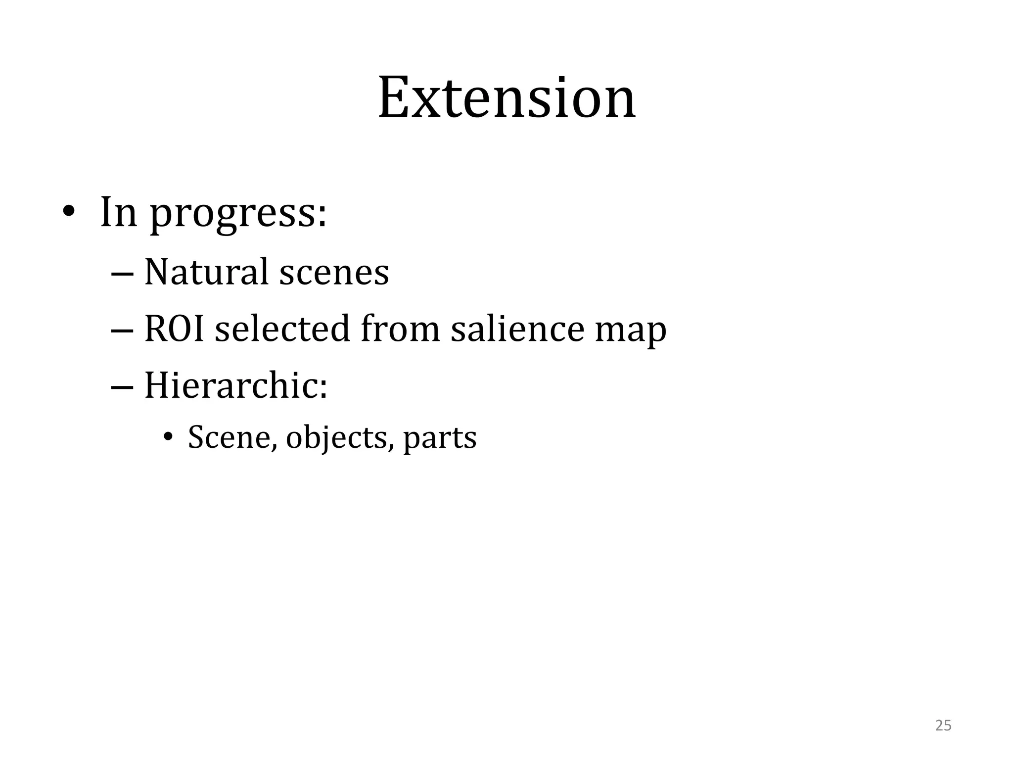 Extension
• In progress:
– Natural scenes
– ROI selected from salience map
– Hierarchic:
• Scene, objects, parts

25

 