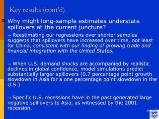 Key results (cont’d)
   Why might long-sample estimates understate
    spillovers at the current juncture?
    → Reestimating our regressions over shorter samples
    suggests that spillovers have increased over time, not least
    for China, consistent with our finding of growing trade and
    financial integration with the United States.

    → When U.S. demand shocks are accompanied by realistic
    declines in global confidence, model simulations predict
    substantially larger spillovers (0.7 percentage point growth
    slowdown in Asia for a one percentage point slowdown in the
    U.S.)

    → Specific U.S. recessions have in the past generated large
    negative spillovers to Asia, as witnessed by the 2001
    recession.                                               25
 
