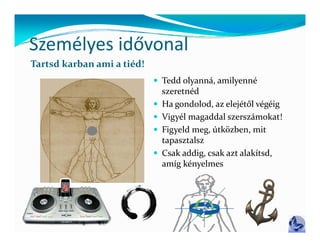 Személyes idővonal
Tartsd karban ami a tiéd!
                             Tedd olyanná, amilyenné 
                                szeretnéd
                               Ha gondolod, az elejétől végéig
                                   g         ,      j       g g
                               Vigyél magaddal szerszámokat!
                               Figyeld meg, útközben, mit 
                                tapasztalsz
                                tapas tals
                               Csak addig, csak azt alakítsd, 
                                amíg kényelmes
 