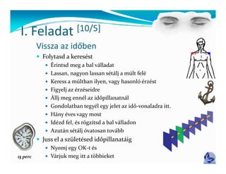 I Feladat
 I. Feladat               [10/5]
                          [ / ]
          Vissza az időben
           Folytasd a keresést
               l     d k
               Érintsd meg a bal válladat
               Lassan, nagyon lassan sétálj a múlt felé
                            gy                j
               Keress a múltban ilyen, vagy hasonló érzést
               Figyelj az érzéseidre
               Állj meg ennél az időpillanatnál
               Gondolatban tegyél egy jelet az idő‐vonaladra itt.
               Hány éves vagy most
               Idézd fel, és rögzítsd a bal válladon
               Azután sétálj óvatosan tovább
           Juss el a születésed időpillanatáig
            J                          p           g
               Nyomj egy OK‐t és
15 perc        Várjuk meg itt a többieket
 