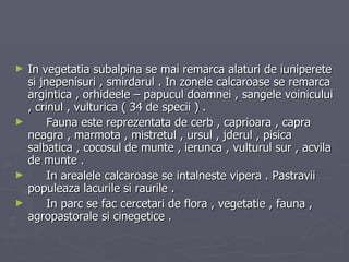 In vegetatia subalpina se mai remarca alaturi de iuniperete si jnepenisuri , smirdarul . In zonele calcaroase se remarca argintica , orhideele – papucul doamnei , sangele voinicului , crinul , vulturica ( 34 de specii ) .  Fauna este reprezentata de cerb , caprioara , capra neagra , marmota , mistretul , ursul , jderul , pisica salbatica , cocosul de munte , ierunca , vulturul sur , acvila de munte . In arealele calcaroase se intalneste vipera . Pastravii populeaza lacurile si raurile . In parc se fac cercetari de flora , vegetatie , fauna , agropastorale si cinegetice . 