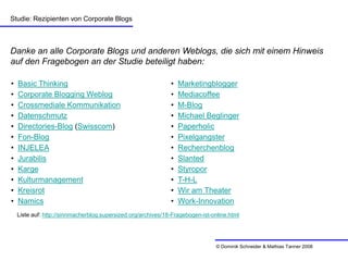 Studie: Rezipienten von Corporate Blogs



Danke an alle Corporate Blogs und anderen Weblogs, die sich mit einem Hinweis
a...