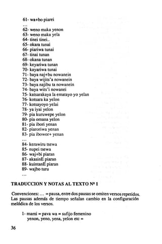 61- wa+bo piarei

      62- weno maka yenon
      63- weno maka yela
      64- tinei tinei..
      65- okara tunai
      66- piariwa tunai
      67- tinai tunan
      68- okana tunan
      69- keyariwa tunan
      70- kayariwa tunai
      71- baya naj+bu nowanein
      72- baya wijits 'a nowanein
      73- baya najibu ta nowanein
      74- baya wits'i nowanei
      75- katsarakaya la ernatayo yo yelan
      76- kotsara ka yelon
      77· kotsayoyo yelai
      78- ya iyai yelon
      79- pia kuruwepe yelon
      80- pia omana yelon
      81· pia ibori yenan
      82- piaroriwa yenan
      83- pia ibowor+ yenan

      84- keraw iru tsewa
      85- nupei tsewa
      86- waj+bi piaran
      87- akasinE piaran
      88- kuintanE piaran
      89- wajbo turu


TRADUCCION y NOTAS AL TEXTO NR 1

Convenciones: . .. = pausa, entre dos pausas se omiten versos repetidos.
Las pausas además de tiempo señalan cambio en la configuración
melódica de los versos.

      1- mami = pava wa = sufijo femenino
         yenon, yeno, yena, yelon etc =

36
 