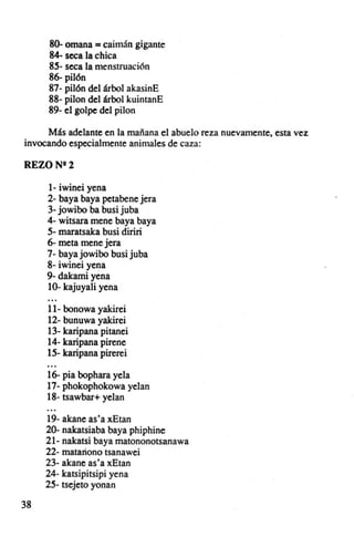 80- omana = caimán gigante
     84· seca la chica
     805· seca la menstruación
     86- pilón
     87- pilón del árbol akasinE
     88- pilon del árbol kuintanE
     89- el golpe del pilon

     Más adelante en la mañana el abuelo reza nuevamente, esta vez
invocando especialmente animales de caza:

REZO N1l2

     1- iwinei yena
     2- baya baya petabene jera
     3- jowibo ba busi juba
     4- witsara mene baya baya
     05- maratsaka busi diriri
     6- meta mene jera
     7- bayajowibo busi juba
     8- iwinei yena
     9- dakami yena
     10- kajuyali yena
     ...
     11- bonowa yakirei
     12- bunuwa yakirei
     13- karipana pitanei
     14- karipana pirene
     15· karipana pirerei

     16- pia bophara yela
     17- phokophokowa yelan
     18- tsawbar+ yelan

     19- akane as'a xEtan
     20- nakatsiaba baya phiphine
     21- nakatsi baya matononotsanawa
     22- matariono tsanawei
     23- akane as'a xEtan
     24- katsipitsipi yena
     205- tsejeto yonan
38
 