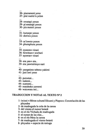 26- piamarami yeno
     27- piai xueits'a yelon

    28- ernatapí yenan
    29- pi ematapi yenon
    30- pia materi yenon
    ...
    31- kuruepe yenon
    32- doriwa yenon

    33- as'aweto yenon
    34- phuraphura yenon

    35- eyawen+ tinari
    36- bowitsan+ towbari
    37- ayawan+ tinari

    38- era yan+ era..
    39- era yawisiritoyo nari

    40- yarapeinto tobeno yakirei
    41- juts'awi yeno

    42- purumai...
    43- tsakeni...
    44- xuetomi...
    45- mataboko yawerei
    46- watuwatu nei ...

TRADUCCION y NOTAS AL TEXTO N· 2

   1- iwinei = Héroe cultural Sikuani y Piapoco. Constelación de las
      pleyades
   2- de madrugada la cola de la canoa
   3- del viento el rumor botará
   4- en el río Vichada de madrugada
   5- el rumor de las olas...
   6- en el río Meta la canoa
   7- de madrugada el viento botará
   8- pleyades = especie de tortuga

                                                                 39
 