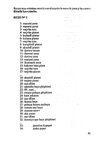 Burusi reza mientras mezcla con el arquito lu masa de yuca y las carnes.
Dilsclbi knwyeneba,

REZO   NI)                                     • • . 1,


                                               . ".' ,
     1- marami yena
     2- marami yenai
     3- wej+bo IUfU
     4- wej+bo piaran
     5- kuilanE piaran
     6- kuítana piaran
     7- wej+bo IUfU                                       "
                                                              .
                                                              .
     8- karaphinE piaran
     9- akasinE piaran
     10- doriwa tsenan
     11- ibowori yena
     12- doriwa yena
     13- marami yena
     14- ikuetsami yena
     15- kakuwe itara piara
     16- waj+bo IUfU
     17- waj+bo piaran
     ...
     18- akasinE piaran
     19- tsejeto yoran
     20- asa xElan
     21- taketebo baya phiphinei
     22- fff...suei...
     23- ewano pobaya phiphinen
     24- kere yekaren
     25- asa xEtan
     26- ikatsia baya
     27- pobaya batoro tasibaya
     28- rnatoro tasi baya
     29- matono tsaw-
     30- eka yoran
     31· asa xElan
     32- dorotiyo apo baya phiphinei

     33-          penarina kupepei
     34-          pieku pepei
                                                                     41
 
