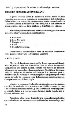 piedra". y el pez payarín. Se nombra por último al pez valentón.

PRIMERA MENSTRUACION SIKUANI:

       Algunos eventos como el nacimiento tienen menos o poca
importancia, o mejor. su importancia se restringe al ámbito familiar.
Pubertad y muerte, en cambio. aparecen como los dos rituales focales en
la cultura Guahibo, especialmente este último para el cual se reúne un
gran número de personas de la localidad y de poblaciones vecinas.

      El ritual de pubertad femenina entre los Sikuan i sigue . de acuerdo
a nuestras observacio nes. las siguientes etapas:

      1. Reclusión
      2. Rezo Nocturno
      3. Competencia
      4. Baño
      5. Comida Ceremonial.

     Describimos a continuación el ritual de iniciación femenina tal
como pudimos observarlo en Getseman í Casanare:

I. RECLUSIO N

       Al aviso de la primera menstruación de una muchacha Sikuani,
inicia el período ritual con la reclusión. Para tal efecto se construía
antiguamente una cabaña aislada. cerrada con paredes de esterilla.
tulirna, que da su nombre a la casa. tulimabo. También se denomina
yalipubo. Yalipu es el nombre utilizado por los chamanes para la
menstruación. El yalipubo se constru ía apartado del pueblo para evitar
que un sorbedor de yopo pase cerca de las mujeres menstruantes pues
éstas podrían morir de hemorragia.

       Mientras se construye eltulimabo o se acondiciona una pieza con
esterillas, la muchacha debe permanecer en el chinchorro en un sitio
alto. enc ima de la abuela o la mamá. y sin hablar a nadie. Antesde pasarla
al tulimabo bañan a la muchacha con hojas de paula, rezadas por el
chamán o el rezandero .

      Además de rallar yuca y de atender a la gente. el principal oficio
que realiza la muchacha durante la reclusión es el de torcer cabuya para

50
 