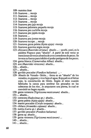 109- nuestra clase
     110- ltsaruwa recoja
     111- Itsaruwa recoja
     112- Itsaruwa recoja
     113- ltsaruwa recoja
     114- ltsaruwa pez jaja recoja
     115- ltsaruwa palometa pequeña recoja
     116- Itsaruwa pez cuchilla recoja
     117-ltsaruwa pezjajala recoja
     118- Itsaruwa ...
     119- Itsaruwa pez jontso recoja
     120- Itsaruwa escupe ... recoja
     121- Itsaruwa garza paleta (Ajaia ajaja) rrecoja
     122- Itsaruwa guavina negra recoja
     123- chicuaco (Butorides striatus) abuelo ... - yawbi, yawi, es la
           palabra Piapoco para "abuelo". A partir de este verso se
           mencionan diversos abuelos de aves comedoras de peces. Se
           invoca su fuerza para inhibir el poder patógeno de los peces.
     124- garza blanca (Casmerodius A/bus) abuelo...
     125- ave (Butorides virescens¡ abuelo...
     126- abuelo .
     127- abuelo .
     128- gavilán pescador (Pandion haliaetus)
     129- Abuelo de Venado- Orión... -Irena es un "abuelo" de los
          venados. es gigante y vive bajo el agua; Kajuyali es el héroe
          cojo. la constelación de Orión. Según el mito cuando
          fabricaba la canoa para sembrar los pescados en las
          cabeceras de los ríos, le amputaron una pierna. la cual se
          convirtió en bagre rayado.
     130- garza veranera (figrissoma mexicanum} abuelo...
     131-... abuelo...
     132- corocora (Eudocimus sp.) abuelo .
     133- garza paleta (Ajaia ajaja) abuelo .
     134- martin pescador (Cery/e torquata} abuelo...
     135- chilaco (Aramides cajanea) abuelo...
     136- nutria (Lutra sp .) abuelo...
     137- gavilán pescador (Pandion ha/iaetus)
     138- garza sp. abuelo...
     139- garza veranera (Tigrissoma mexicanum) ...
     140- abuelo .
     141- abuelo .

60
 