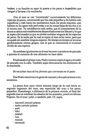 budare, y su función es tapar la puerta a los peces e impedirles que
vengan a llevarse a la muchacha.

      Con el rezo se van "encerrando" sucesivamente las diferentes
especies de peces, comenzando por los más pequeños y de habitat más
superficial y más hacia los nacimientos hasta los peces mayores, que
habitan en las aguas más profundas yen las zonas bajas de los ríos y en
el mismo mar. Ya señalábamos más arriba, que el conocimiento de la
fauna acuática está notablemente desarrollado entre los Sikuani y lo que
se espera del rezador es que no olvide nombrar ninguna de las especies
de peces. Es la razón por la cual se repite el rezo ocho veces , para que
no quede sin nombrar ninguna especie. De tiempo en tiempo se invocan
genéricamente cienos grupos, con lo que se contrarresta el eventual
olvido de una especie.

      Se nombran igualmente en el rezo las aves comedoras de pescado
a quienes el consumo de este alimento no hace daño.

      Finalizando el primer rezo, Pedro Antonio sopla el agua y el caldo
de pescado con la caña. También sopla directamente los elementos de
la muchacha.

      Se escuchan risas de los jóvenes que conversan en el patio.

      Don Pedro menciona a la gente de tsamani y da explicaciones a los
asistentes.

     La pausa dura unos veinte minutos luego de la cual inicia un
segundo segmento del rezo, una repetición del rezo a los peces
pequeños. Sinembargo, a diferencia de la primera versión, al final del
segundo rezo se nombran los abuelos de los animales, yawiri en idioma
Piapoco. En el rezo : yabri, o también yabi. Cf. supra .

     - tsauwali yawuiri priame
     - tsobo yawuiri priame
     - mali
     - leko
       edakali
       lutu
       watsuli
     - tseremali
62
 