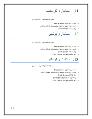 10
11.‫کرمانشاه‬ ‫استانداری‬
: ‫سمت‬‫نوین‬ ‫سامانه‬ ‫برید‬ ‫شرکت‬ ‫نماینده‬
‫اندازی‬ ‫راه‬ ‫و‬ ‫نصب‬Oracle Server
‫اندازی‬ ‫راه‬ ‫و‬ ‫نصب‬Application Server‫اداری‬ ‫اتوماسیون‬
‫اشکاالت‬ ‫رفع‬Oracle Server
12.‫بوشهر‬ ‫استانداری‬
: ‫سمت‬‫نوین‬ ‫سامانه‬ ‫برید‬ ‫شرکت‬ ‫نماینده‬
‫اندازی‬ ‫راه‬ ‫و‬ ‫نصب‬Oracle Server
‫اندازی‬ ‫راه‬ ‫و‬ ‫نصب‬Application Server‫اداری‬ ‫اتوماسیون‬
‫اشکاالت‬ ‫رفع‬Oracle Server
‫اداری‬ ‫اتوماسیون‬ ‫افزار‬ ‫نرم‬ ‫اشکالت‬ ‫رفع‬
13.‫لرستان‬ ‫استانداری‬
: ‫سمت‬‫نوین‬ ‫سامانه‬ ‫برید‬ ‫شرکت‬ ‫نماینده‬
‫اندازی‬ ‫راه‬ ‫و‬ ‫نصب‬Oracle Server
‫اندازی‬ ‫راه‬ ‫و‬ ‫نصب‬Application Server‫اداری‬ ‫اتوماسیون‬
‫اشکاالت‬ ‫رفع‬Oracle Server
‫اندازی‬ ‫راه‬Oracle Standby Server
‫اداری‬ ‫اتوماسیون‬ ‫افزار‬ ‫نرم‬ ‫اشکالت‬ ‫رفع‬
 