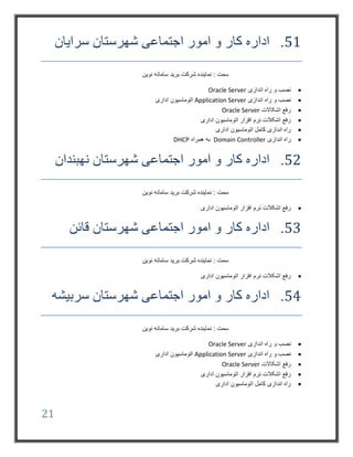 21
51.‫سرایان‬ ‫شهرستان‬ ‫اجتماعی‬ ‫امور‬ ‫و‬ ‫کار‬ ‫اداره‬
‫نوین‬ ‫سامانه‬ ‫برید‬ ‫شرکت‬ ‫نماینده‬ : ‫سمت‬
‫اندازی‬ ‫راه‬ ‫و‬ ‫نصب‬Oracle Server
‫اندازی‬ ‫راه‬ ‫و‬ ‫نصب‬Application Server‫اداری‬ ‫اتوماسیون‬
‫اشکاالت‬ ‫رفع‬Oracle Server
‫اداری‬ ‫اتوماسیون‬ ‫افزار‬ ‫نرم‬ ‫اشکالت‬ ‫رفع‬
‫اداری‬ ‫اتوماسیون‬ ‫کامل‬ ‫اندازی‬ ‫راه‬
‫اندازی‬ ‫راه‬Domain Controller‫همراه‬ ‫به‬DHCP
52.‫نهبندان‬ ‫شهرستان‬ ‫اجتماعی‬ ‫امور‬ ‫و‬ ‫کار‬ ‫اداره‬
‫نوین‬ ‫سامانه‬ ‫برید‬ ‫شرکت‬ ‫نماینده‬ : ‫سمت‬
‫افزا‬ ‫نرم‬ ‫اشکالت‬ ‫رفع‬‫اداری‬ ‫اتوماسیون‬ ‫ر‬
53.‫قائن‬ ‫شهرستان‬ ‫اجتماعی‬ ‫امور‬ ‫و‬ ‫کار‬ ‫اداره‬
‫نوین‬ ‫سامانه‬ ‫برید‬ ‫شرکت‬ ‫نماینده‬ : ‫سمت‬
‫اداری‬ ‫اتوماسیون‬ ‫افزار‬ ‫نرم‬ ‫اشکالت‬ ‫رفع‬
54.‫سربیشه‬ ‫شهرستان‬ ‫اجتماعی‬ ‫امور‬ ‫و‬ ‫کار‬ ‫اداره‬
‫نوین‬ ‫سامانه‬ ‫برید‬ ‫شرکت‬ ‫نماینده‬ : ‫سمت‬
‫اندازی‬ ‫راه‬ ‫و‬ ‫نصب‬Oracle Server
‫اندازی‬ ‫راه‬ ‫و‬ ‫نصب‬Application Server‫اداری‬ ‫اتوماسیون‬
‫اشکاالت‬ ‫رفع‬Oracle Server
‫اداری‬ ‫اتوماسیون‬ ‫افزار‬ ‫نرم‬ ‫اشکالت‬ ‫رفع‬
‫اداری‬ ‫اتوماسیون‬ ‫کامل‬ ‫اندازی‬ ‫راه‬
 