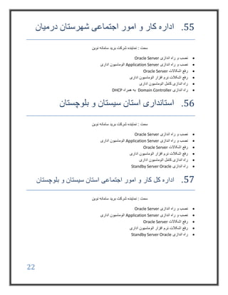 22
55.‫درمیان‬ ‫شهرستان‬ ‫اجتماعی‬ ‫امور‬ ‫و‬ ‫کار‬ ‫اداره‬
‫نوین‬ ‫سامانه‬ ‫برید‬ ‫شرکت‬ ‫نماینده‬ : ‫سمت‬
‫اندازی‬ ‫راه‬ ‫و‬ ‫نصب‬Oracle Server
‫اندازی‬ ‫راه‬ ‫و‬ ‫نصب‬Application Server‫اداری‬ ‫اتوماسیون‬
‫اشکاالت‬ ‫رفع‬Oracle Server
‫اداری‬ ‫اتوماسیون‬ ‫افزار‬ ‫نرم‬ ‫اشکالت‬ ‫رفع‬
‫اداری‬ ‫اتوماسیون‬ ‫کامل‬ ‫اندازی‬ ‫راه‬
‫اندازی‬ ‫راه‬Domain Controller‫همراه‬ ‫به‬DHCP
56.‫بلوچستان‬ ‫و‬ ‫سیستان‬ ‫استان‬ ‫استانداری‬
‫شرکت‬ ‫نماینده‬ : ‫سمت‬‫نوین‬ ‫سامانه‬ ‫برید‬
‫اندازی‬ ‫راه‬ ‫و‬ ‫نصب‬Oracle Server
‫اندازی‬ ‫راه‬ ‫و‬ ‫نصب‬Application Server‫اداری‬ ‫اتوماسیون‬
‫اشکاالت‬ ‫رفع‬Oracle Server
‫اداری‬ ‫اتوماسیون‬ ‫افزار‬ ‫نرم‬ ‫اشکالت‬ ‫رفع‬
‫اداری‬ ‫اتوماسیون‬ ‫کامل‬ ‫اندازی‬ ‫راه‬
‫اندازی‬ ‫راه‬Standby Server Oracle
57.‫اجتماعی‬ ‫امور‬ ‫و‬ ‫کار‬ ‫کل‬ ‫اداره‬‫بلوچستان‬ ‫و‬ ‫سیستان‬ ‫استان‬
‫نوین‬ ‫سامانه‬ ‫برید‬ ‫شرکت‬ ‫نماینده‬ : ‫سمت‬
‫اندازی‬ ‫راه‬ ‫و‬ ‫نصب‬Oracle Server
‫اندازی‬ ‫راه‬ ‫و‬ ‫نصب‬Application Server‫اداری‬ ‫اتوماسیون‬
‫اشکاالت‬ ‫رفع‬Oracle Server
‫اداری‬ ‫اتوماسیون‬ ‫افزار‬ ‫نرم‬ ‫اشکالت‬ ‫رفع‬
‫اندازی‬ ‫راه‬Standby Server Oracle
 